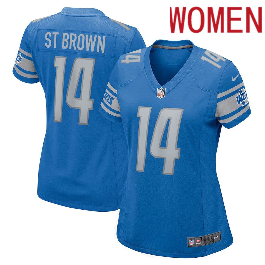 Women Detroit Lions #14 Amon-Ra St. Brown Nike Blue Game Player NFL Jersey->women nfl jersey->Women Jersey